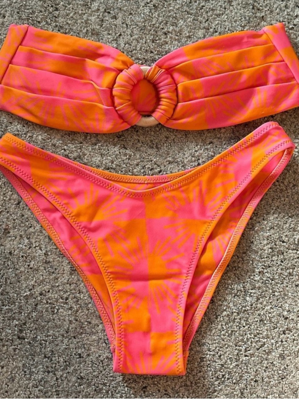 Neon Orange & Pink Bandeau Bikini with Ring Accent